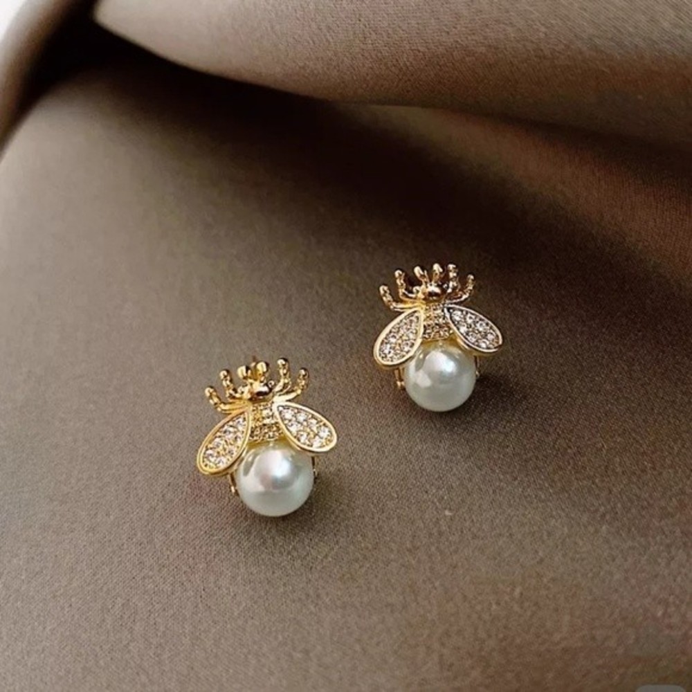 Gold Toned Bee Stud Earrings with Faux Pearls and Cubic Zirconia